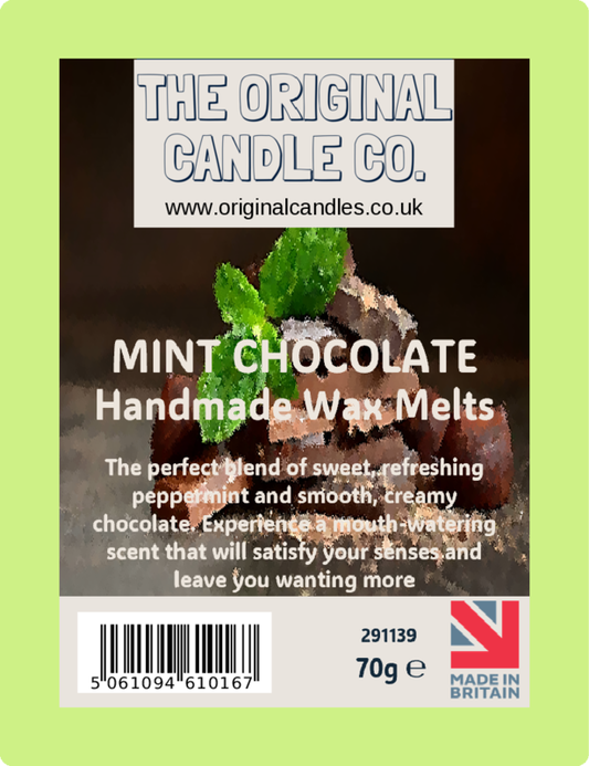 Label for Mint Chocolate Handmade Wax Melts from The Original Candle Co. with a green border.
