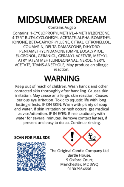 The Original Candle Company’s CLP label for Midsummer Dream hand-blended mist and car fragrance diffuser, formulated with Augeo, displaying essential safety and regulatory information in compliance with UK fragrance standards.