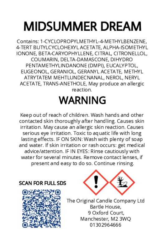 The Original Candle Company’s CLP label for Midsummer Dream hand-blended wax melts and candle, displaying essential safety and regulatory information in compliance with UK fragrance standards.