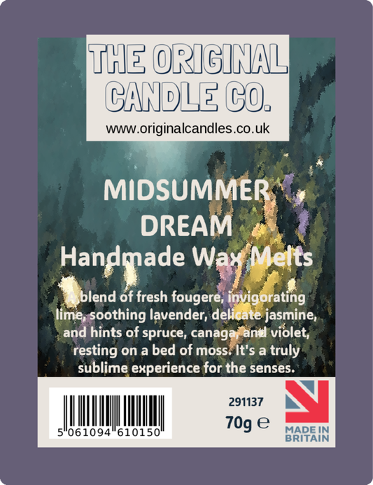 Label for 'Midsummer Dream' handmade wax melts from The Original Candle Co. with product description and branding.