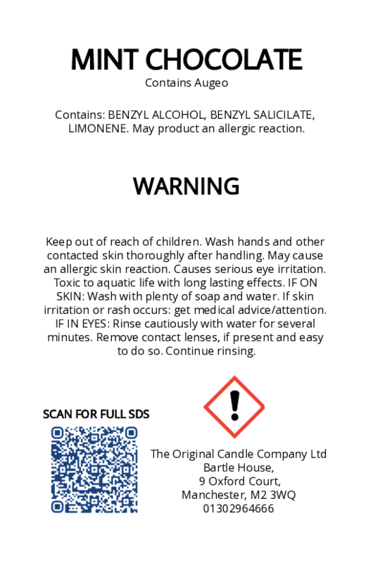 The Original Candle Company’s CLP label for Mint Chocolate hand-blended mist and car fragrance diffuser, formulated with Augeo, displaying essential safety and regulatory information in compliance with UK fragrance standards.