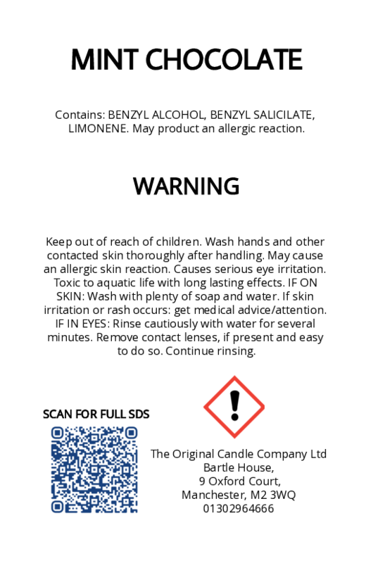 The Original Candle Company’s CLP label for Mint Chocolate hand-blended wax melts and candle, displaying essential safety and regulatory information in compliance with UK fragrance standards.