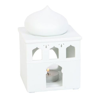 Specially selected by The Original Candle Co. This beautiful glossy, off-white mosque oil burner has been carefully crafted to offer a lit-from-within glow as the windows and door are illuminated by candle light.  A unique and special design which can also be used as an incense cone burner. Perfect for decorating a prayer room or for Eid celebrations.