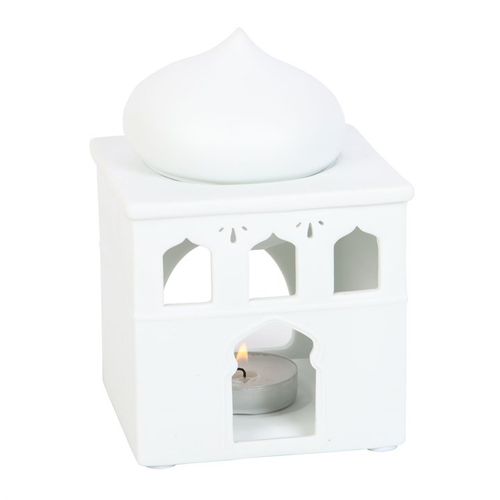 Specially selected by The Original Candle Co. This beautiful glossy, off-white mosque oil burner has been carefully crafted to offer a lit-from-within glow as the windows and door are illuminated by candle light.  A unique and special design which can also be used as an incense cone burner. Perfect for decorating a prayer room or for Eid celebrations.