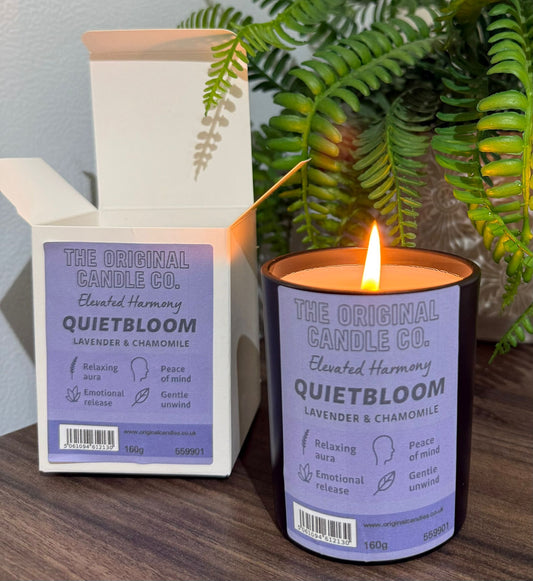 ADHD Autism Sensory candle from The Original Candle Co. with packaging on a wooden surface with a plant in the background