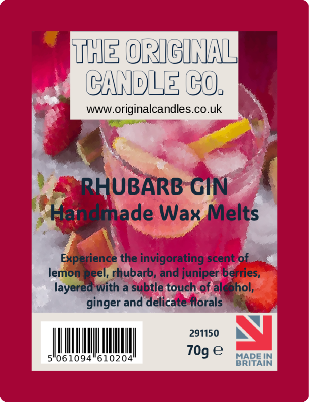 Label for Rhubarb Gin handmade wax melts from The Original Candle Co. with product image and text.