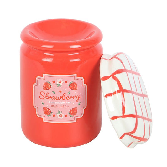 Bright red jam jar inspired oil burner and wax warmer with "Strawberry, Homemade Jam" detailing and a gingham syle removable lid.