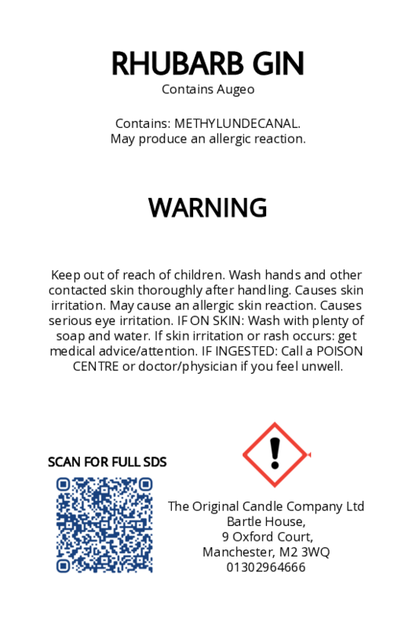 The Original Candle Company’s CLP label for Rhubarb Gin hand-blended mist and car fragrance diffuser, formulated with Augeo, displaying essential safety and regulatory information in compliance with UK fragrance standards.
