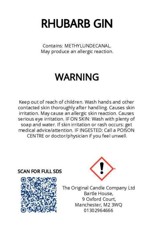 The Original Candle Company’s CLP label for Rhubarb Gin hand-blended wax melts and candle, displaying essential safety and regulatory information in compliance with UK fragrance standards.