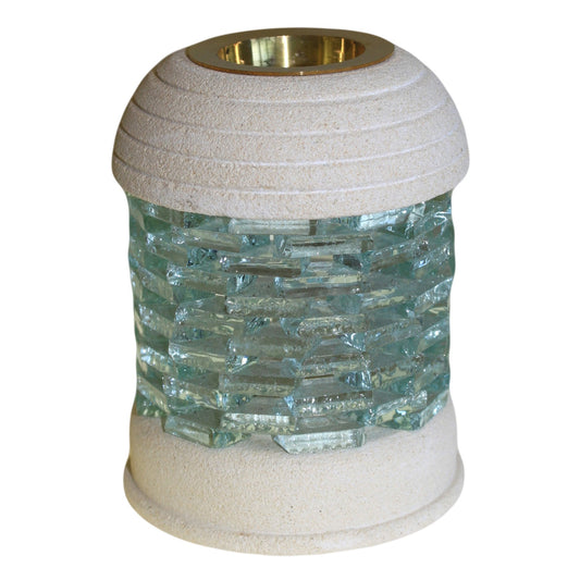 Carefully sourced and selected by The Original Candle Company, this round glass oil burner features a textured sandstone brick design in warm beige, ideal for diffusing essential oils or melting wax to create a soothing, luxury home ambiance.