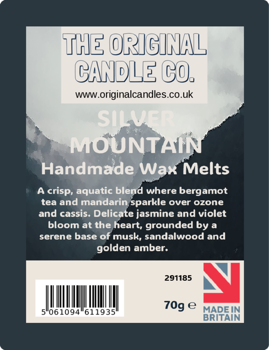 Label for handmade wax melts from The Original Candle Co. with product description and branding details.