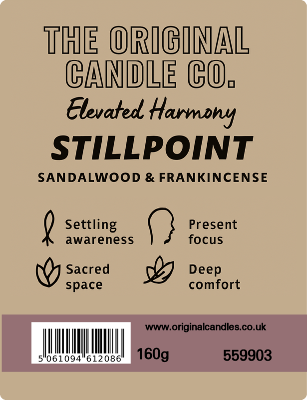 Label of The Original Candle Co. 'Stillpoint' candle with sandalwood and frankincense fragrance.