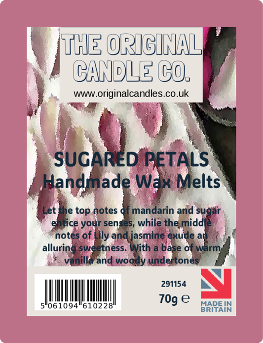 Label for Sugared Petals handmade wax melts from The Original Candle Co. with pink floral design.