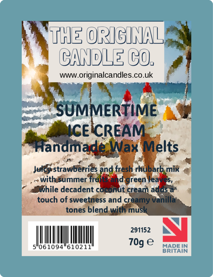 Label for Summertime Ice Cream Handmade Wax Melts by The Original Candle Co. with beach scene and ice cream cones.