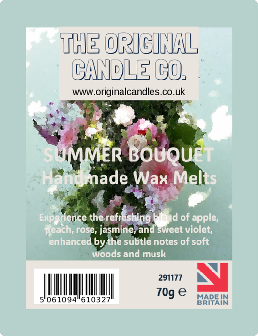 Packaging of 'The Original Candle Co.' Summer Bouquet handmade wax melts with floral design and product details.