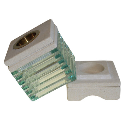 Carefully sourced by The Original Candle Company, this square glass oil burner is shown lifted from its sandstone brick base, showcasing its removable design for effortless cleaning and seamless wax melting. A refined, functional addition to luxury home fragrance rituals.