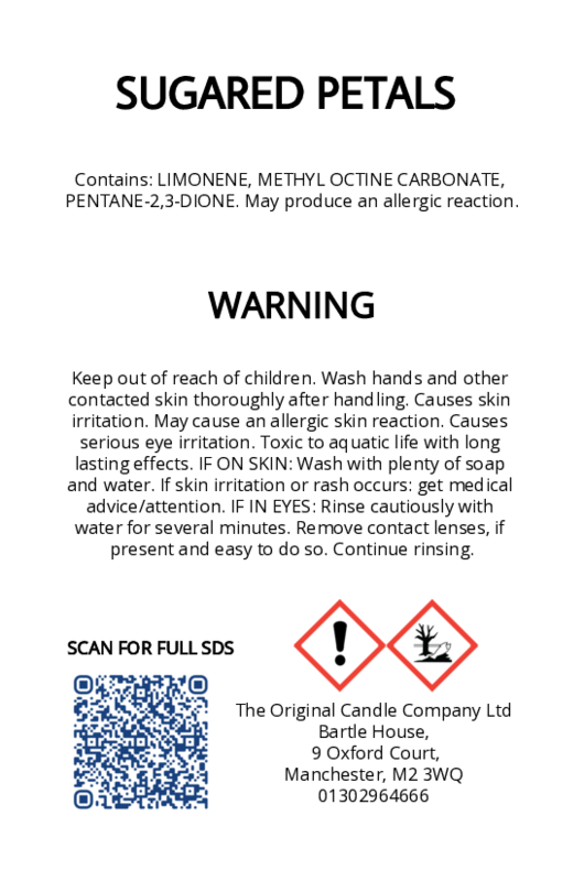 The Original Candle Company’s CLP label for Sugared Petals hand-blended wax melts and candle, displaying essential safety and regulatory information in compliance with UK fragrance standards.