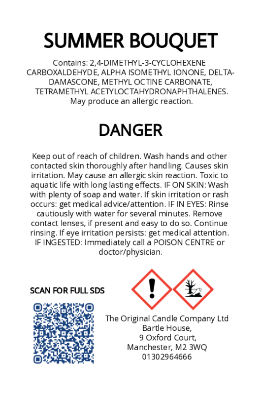 The Original Candle Company’s CLP label for Summer Bouquet hand-blended wax melts and candle, displaying essential safety and regulatory information in compliance with UK fragrance standards.