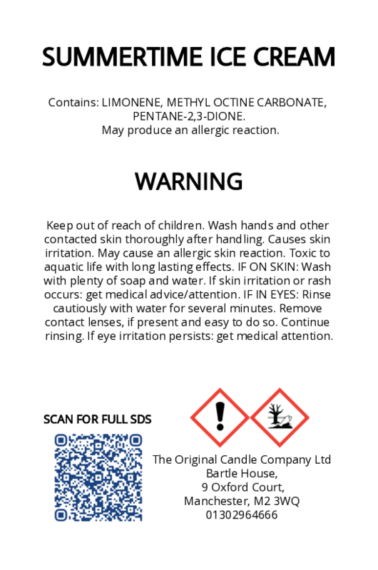The Original Candle Company’s CLP label for Summertime Ice Cream hand-blended wax melts and candle, displaying essential safety and regulatory information in compliance with UK fragrance standards.