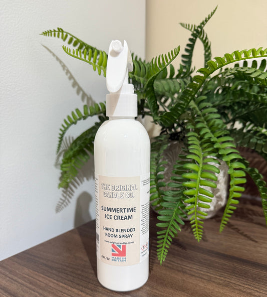 Expertly crafted by The Original Candle Company, this Summertime Ice Cream hand-blended room mist spray delivers a sweet, nostalgic aroma, designed to refresh any space with creamy, sun-soaked fragrance notes.