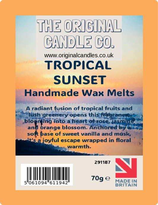 Tropical Sunset handmade wax melts packaging with sunset design and text.