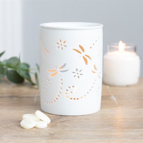 Carefully sourced by The Original Candle Company. Give your home a touch of elegance and sophistication with this white ceramic dragonfly cutout oil burner with an unglazed finish. Featuring a smooth finish bowl for ease of cleaning.