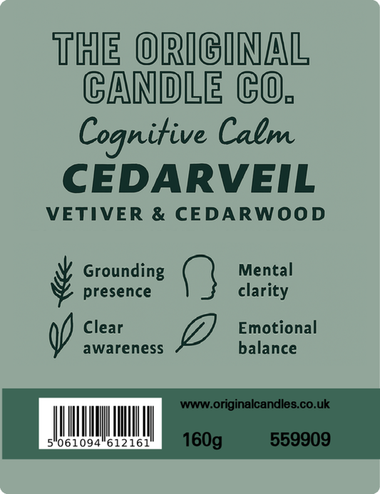 Label for 'Cognitive Calm Cedarveil' candle by The Original Candle Co. with product details and branding.