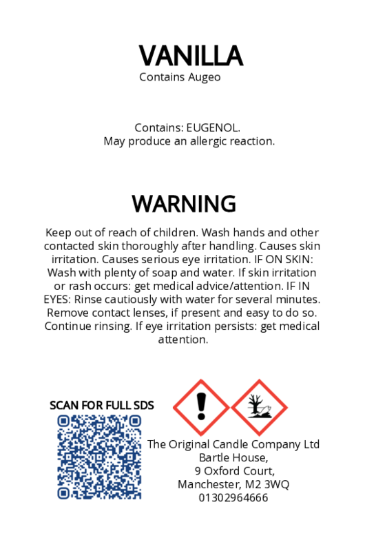 Vanilla SDS label from The Original Candle Co showing the safety aspects for the Vanilla scented Fragrance Range containing Augeo