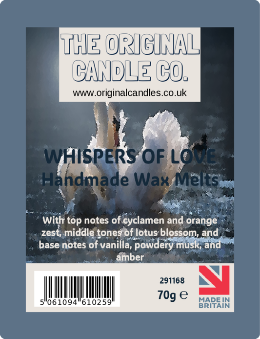 Label for 'Whispers of Love' handmade wax melts from The Original Candle Co. with product details and branding.