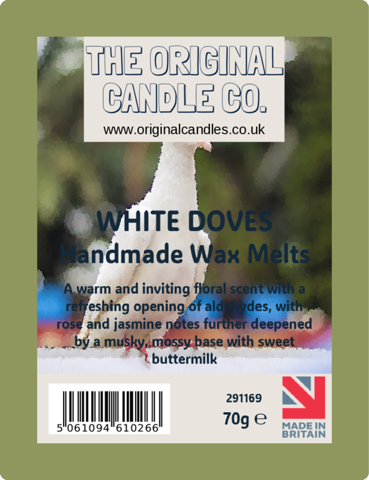 Label for White Doves handmade wax melts from The Original Candle Co. with product details and branding.