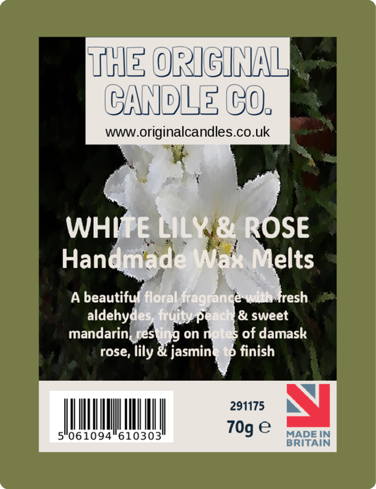 Label for White Lily & Rose handmade wax melts from The Original Candle Co. with floral imagery.