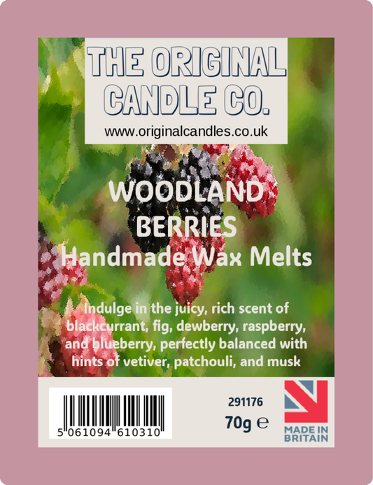 Label for Woodland Berries handmade wax melts from The Original Candle Co. with berries and greenery on a pink background.
