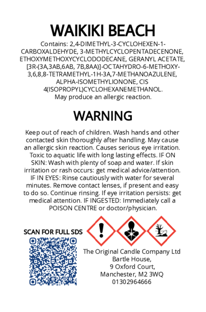 The Original Candle Company’s CLP label for Waikiki Beach hand-blended wax melts and candle, displaying essential safety and regulatory information in compliance with UK fragrance standards.