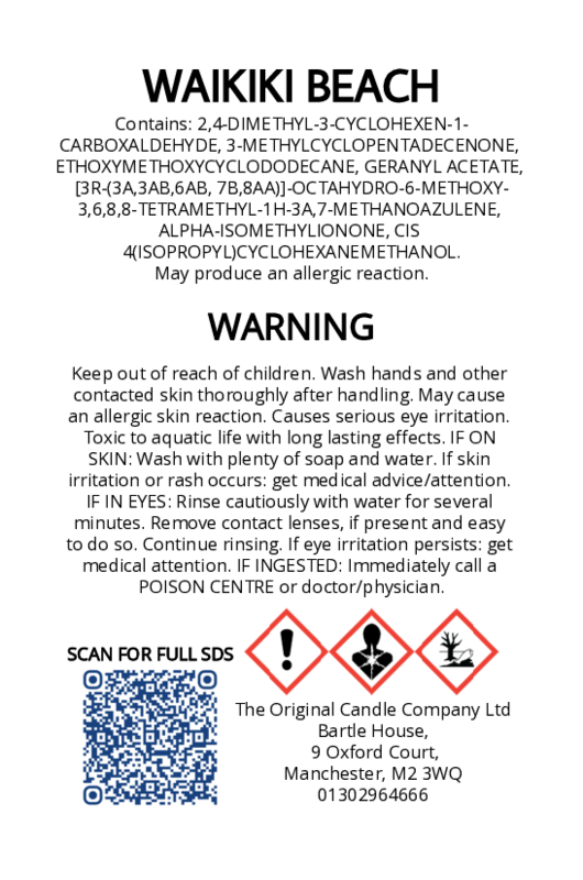 The Original Candle Company’s CLP label for Waikiki Beach hand-blended wax melts and candle, displaying essential safety and regulatory information in compliance with UK fragrance standards.