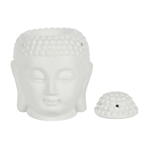 Carefully sourced by The Original Candle Co. The perfect addition to a calm and serene space, this white buddha head oil burner has matt finish and intricate detail. Compatible with both fragrance oil and wax melts, the melt bowl sits under the removable top which can be replaced whilst the burner is not in use. Image shows the head removed and the fragrance well.