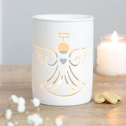 Carefully sourced by The Original Candle Company. This white ceramic oil burner and wax warmer features a cutout angel figure in a cute, contemporary design. Place fragrance oil or wax melts into the built-in dish with a standard tealight inside to fill the home with calming fragrance.