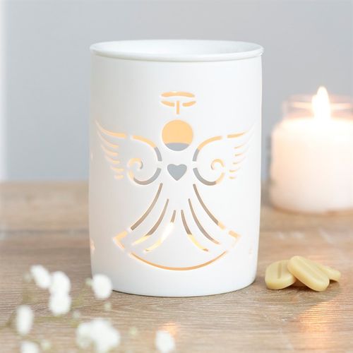Carefully sourced by The Original Candle Company. This white ceramic oil burner and wax warmer features a cutout angel figure in a cute, contemporary design. Place fragrance oil or wax melts into the built-in dish with a standard tealight inside to fill the home with calming fragrance.