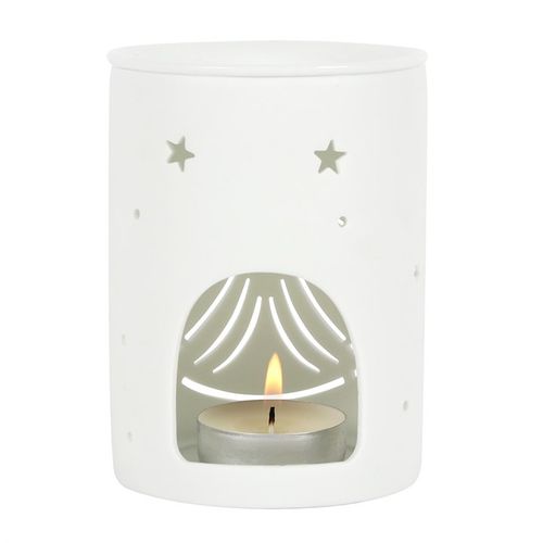 Carefully sourced by The Original Candle Company. This white ceramic oil burner and wax warmer features a cutout angel figure in a cute, contemporary design. Place fragrance oil or wax melts into the built-in dish with a standard tealight inside like this image shows.