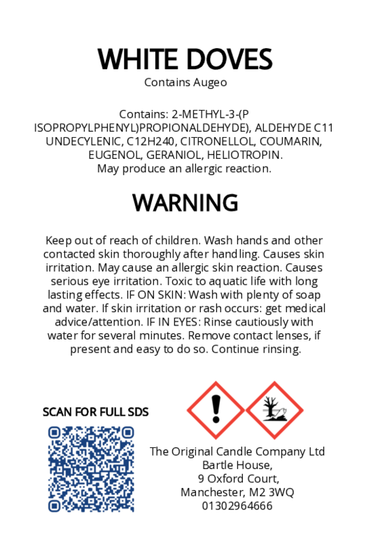 The Original Candle Company’s CLP label for White Doves hand-blended mist and car fragrance diffuser, formulated with Augeo, displaying essential safety and regulatory information in compliance with UK fragrance standards.
