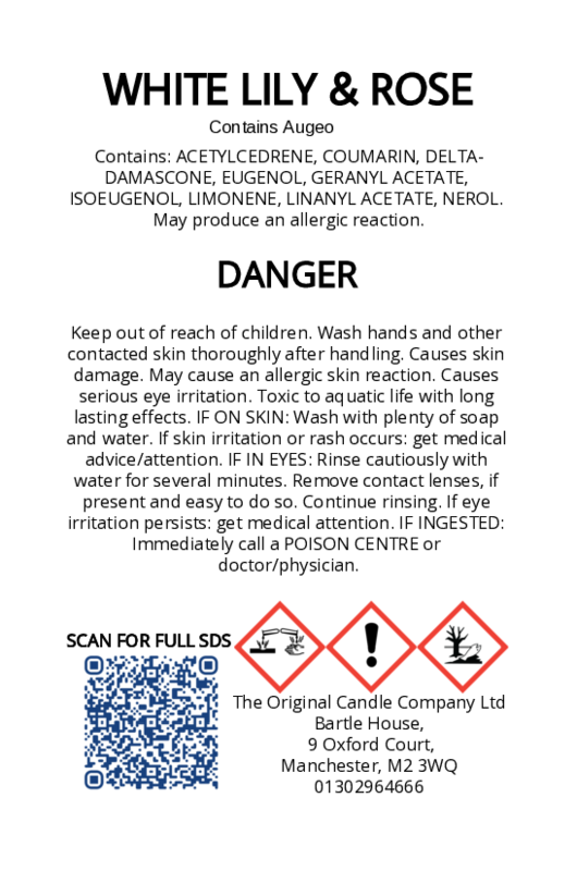The Original Candle Company’s CLP label for White Lily & Rose hand-blended mist and car fragrance diffuser, formulated with Augeo, displaying essential safety and regulatory information in compliance with UK fragrance standards.
