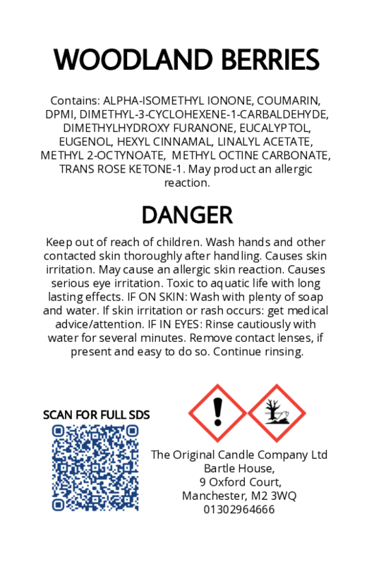 The Original Candle Company’s CLP label for Woodland Berries hand-blended wax melts and candle, displaying essential safety and regulatory information in compliance with UK fragrance standards.