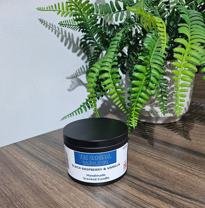 Black Raspberry & Vanilla scented candle featuring ripe black raspberries and creamy vanilla for a rich, indulgent fragrance experience. Beautifully crafted for a long-lasting scent.